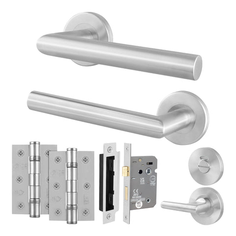 Mitre Lever on Rose Stainless Steel Door Handle Kit - Medium Duty - 80mm Bathroom Lock - tradefit