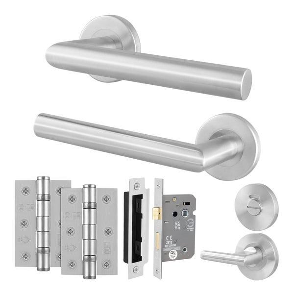 Mitre Lever on Rose Stainless Steel Door Handle Kit - Medium Duty - 80mm Bathroom Lock - tradefit - Featured Image