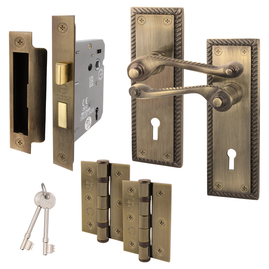 Georgian Rope Edge Scroll Antique Brass Door Handle Pack - 64mm Sashlock - tradefit