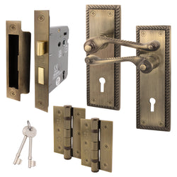 Georgian Rope Edge Scroll Antique Brass Door Handle Pack - 64mm Sashlock - tradefit