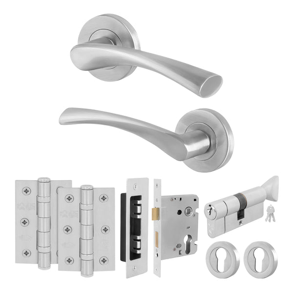Nola Satin Nickel Lever on Rose Door Handle Kit - 80mm Euro Sashlock and Thumbturn Cylinder - Master Keyed - tradefit - Featured Image