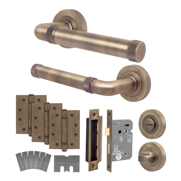 Santana Antique Brass Lever on Rose Door Handle Kit - Medium Duty FD30/60 - 80mm Bathroom Lock - tradefit - Featured Image