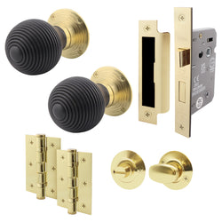 Beehive Ebony/Brass Wooden Mortice/Rim Door Knob Kit - 80mm Bathroom Lock - tradefit