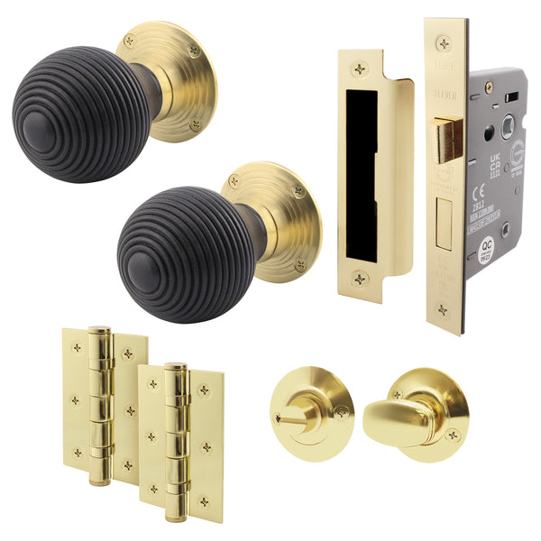 Beehive Ebony/Brass Wooden Mortice/Rim Door Knob Kit - 80mm Bathroom Lock - tradefit - Featured Image