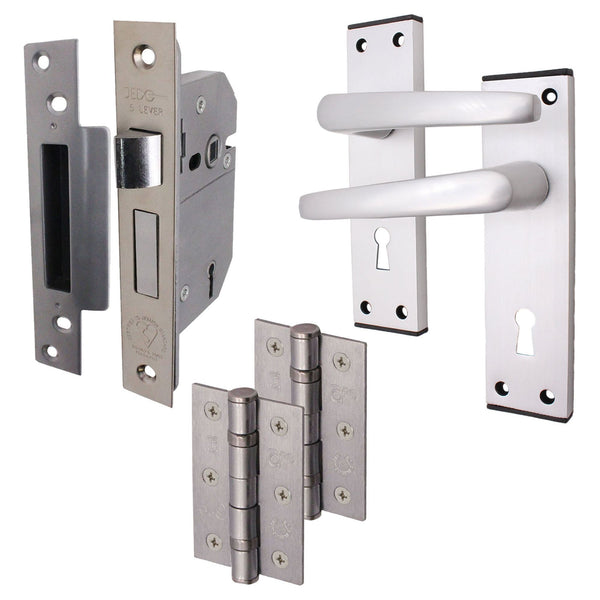 Aluminium Council 5 Lever Lock Pack - 150 x 40mm - 66mm Lock x 76mm Hinges - Satin Aluminium - tradefit - Featured Image