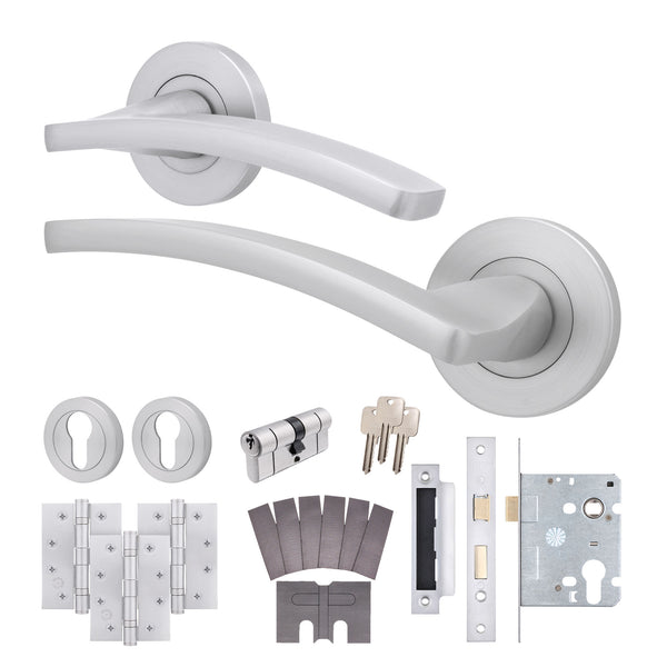 Euroda - Plus Satin Chrome Lever on Rose Fire Door Handle Pack - Euro Lock & Cylinder - FD30/60 - tradefit - Featured Image