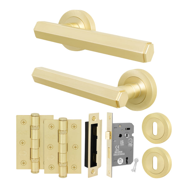 Moreno Satin Brass Lever on Rose Door Handle Kit - Sashlock - tradefit - Featured Image