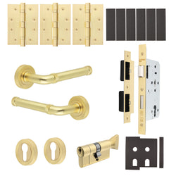 Santana Satin Brass Lever on Rose Door Handle Kit - Heavy Duty FD30/60 - DIN Euro Sashlock and Thumbturn Cylinder - Master Keyed - tradefit