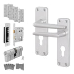 Satin Aluminium Contract Lever Door Handle Kit - Medium Duty FD30/60 - 80mm Euro Sashlock and Double Cylinder - Keyed to Differ - tradefit - 1
