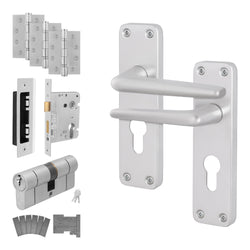 Satin Aluminium Contract Lever Door Handle Kit - Medium Duty FD30/60 - 80mm Euro Sashlock and Double Cylinder - Keyed to Differ - tradefit