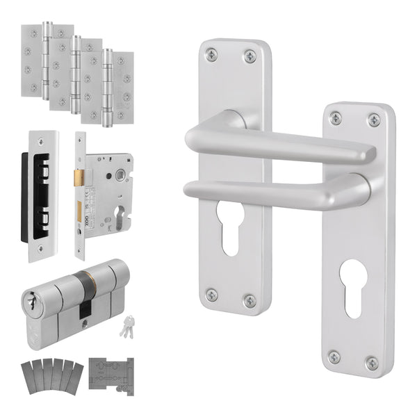 Satin Aluminium Contract Lever Door Handle Kit - Medium Duty FD30/60 - 80mm Euro Sashlock and Double Cylinder - Keyed to Differ - tradefit - Featured Image