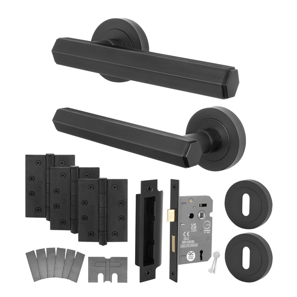 Moreno Matt Black Lever on Rose Door Handle Kit - Medium Duty FD30/60 - 80mm Sashlock - tradefit - Featured Image