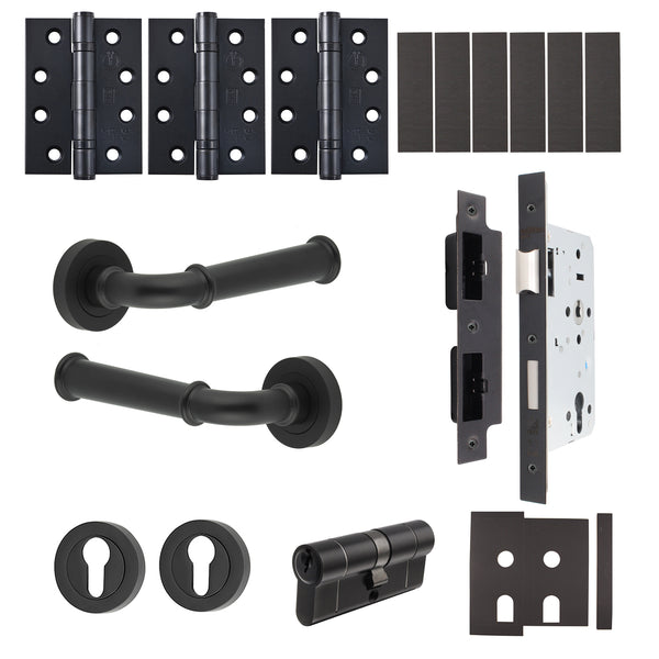 Claro Matt Black Lever on Rose Door Handle Kit - Heavy Duty FD30/60 - DIN Euro Sashlock and Double Cylinder - Keyed Alike - tradefit - Featured Image