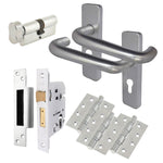 Return To Door Lever Handle - Euro Cylinder & Turn Lock Kit - 153mm - Satin Aluminium - tradefit - 1