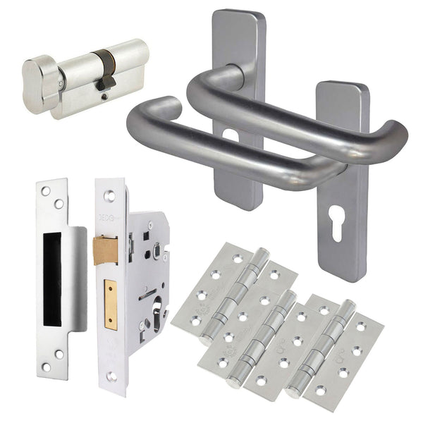 Return To Door Lever Handle - Euro Cylinder & Turn Lock Kit - 153mm - Satin Aluminium - tradefit - Featured Image