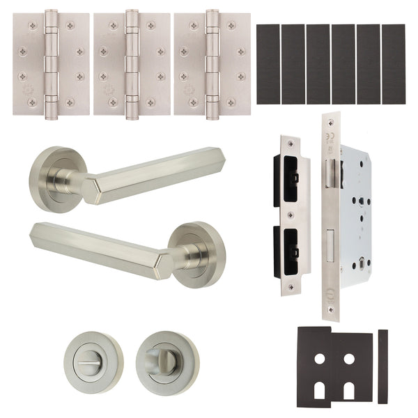 Moreno Satin Nickel Lever on Rose Door Handle Kit - Heavy Duty FD30/60 - DIN Bathroom Lock - tradefit - Featured Image
