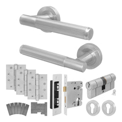 Aurora Satin Nickel Lever on Rose Door Handle Kit - Medium Duty FD30/60 - 80mm Euro Sashlock and Double Cylinder - Keyed to Differ - tradefit