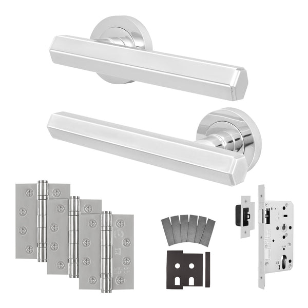 Moreno Polished Chrome Lever on Rose Door Handle Kit - Heavy Duty FD30/60 - DIN Latch - tradefit - Featured Image