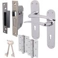 Chrome Lever on Backplate 5 Lever Lock Kit / Pack Zeno Design - 66mm Lock - 76mm Hinges - Polished Chrome