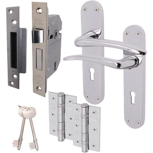Chrome Lever on Backplate 5 Lever Lock Kit / Pack Zeno Design - 66mm Lock - 76mm Hinges - Polished Chrome - tradefit - Featured Image