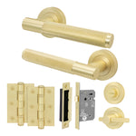 Dumont Satin Brass Lever on Rose Door Handle Kit - 64mm Bathroom Lock - tradefit - 1