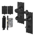 Black Iron Lever Door Handles on Backplate Traditional Canterbury Pattern Bathroom Pack - 155x52mm - 80mm Bathroom Lock x 76mm Hinge- Black Antique Iron