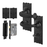 Black Iron Lever Door Handles on Backplate Traditional Canterbury Pattern Bathroom Pack - 155x52mm - 80mm Bathroom Lock x 76mm Hinge - Black Antique Iron - tradefit - 1