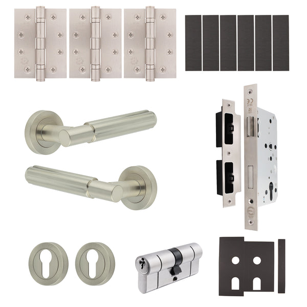 Flores Satin Nickel Lever on Rose Door Handle Kit - Heavy Duty FD30/60 - DIN Euro Sashlock and Double Cylinder - Keyed Alike - tradefit - Featured Image