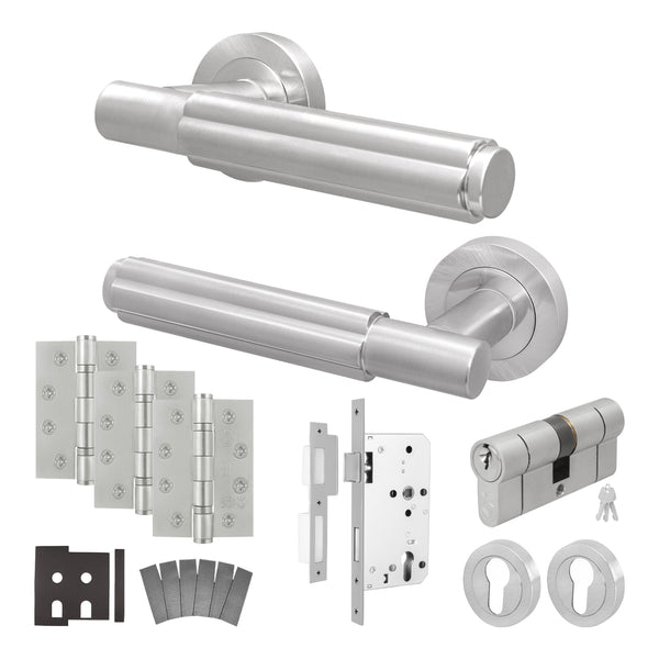 Flores Satin Nickel Lever on Rose Door Handle Kit - Heavy Duty FD30/60 - DIN Euro Sashlock and Double Cylinder - Keyed Alike - tradefit - Featured Image