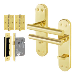 Olbia Brass Plated Lever on Backplate Door Handle Pack – 64mm Bathroom Lock - tradefit