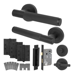 Dumont Matt Black Lever on Rose Door Handle Kit - Medium Duty FD30/60 - 80mm Bathroom Lock - tradefit