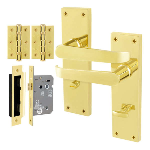Straight Pattern Polished Brass Door Handle Pack - 80mm Bathroom Lock - tradefit - Featured Image