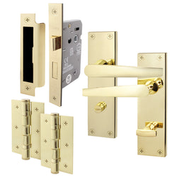 Straight Pattern Polished Brass Door Handle Pack - 80mm Bathroom Lock - tradefit