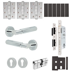 Flores Polished Chrome Lever on Rose Door Handle Kit - Heavy Duty FD30/60 - DIN Euro Sashlock and Double Cylinder - Keyed Alike - tradefit