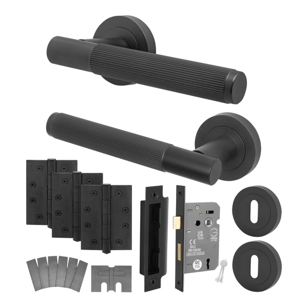 Aurora Matt Black Lever on Rose Door Handle Kit - Medium Duty FD30/60 - 80mm Sashlock - Featured Image