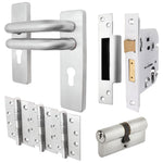 Round Bar 19mm Safety Return To Door Lever Euro Lock 48.5mm c/c Pack - 175x44mm - 76mm Lock x 102mm Hinges - Satin Stainless - tradefit - 1