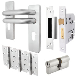 Round Bar 19mm Safety Return To Door Lever Euro Lock 48.5mm c/c Pack - 175x44mm - 76mm Lock x 102mm Hinges - Satin Stainless - tradefit