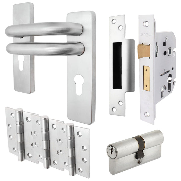 Round Bar 19mm Safety Return To Door Lever Euro Lock 48.5mm c/c Pack - 175x44mm - 76mm Lock x 102mm Hinges - Satin Stainless - tradefit - Featured Image