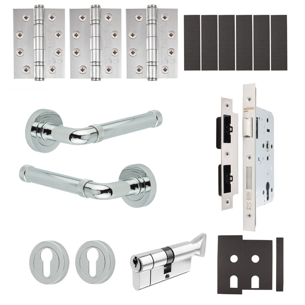 Santana Polished Chrome Lever on Rose Door Handle Kit - Heavy Duty FD30/60 - DIN Euro Sashlock and Thumbturn Cylinder - Keyed to Differ - tradefit - Featured Image