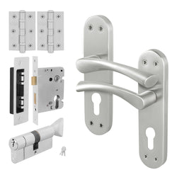 Nola Satin Nickel Lever on Backplate Door Handle Kit - 80mm Euro Sashlock and Thumbturn Cylinder - Keyed Alike - tradefit