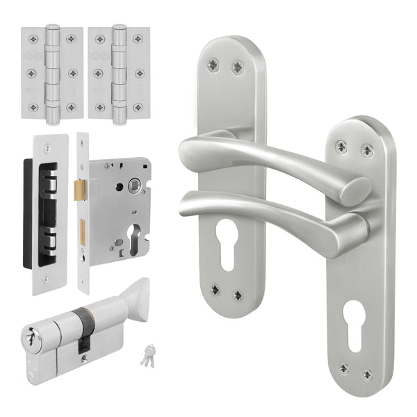 Nola Satin Nickel Lever on Backplate Door Handle Kit - 80mm Euro Sashlock and Thumbturn Cylinder - Keyed Alike - tradefit - Featured Image