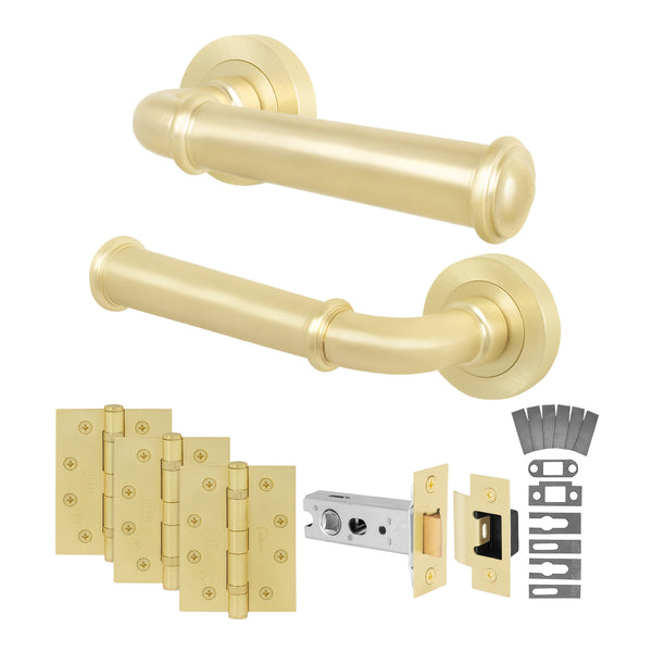 Claro Satin Brass Lever on Rose Door Handle Kit - Medium Duty FD30/60 - 76mm Latch - tradefit - Featured Image