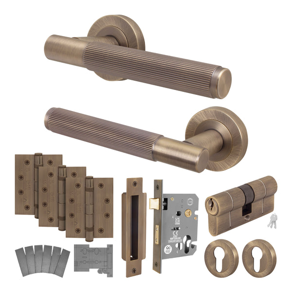 Aurora Antique Brass Lever on Rose Door Handle Kit - Medium Duty FD30/60 - 80mm Euro Sashlock and Double Cylinder - Master Keyed - tradefit - Featured Image