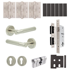 Aurora Satin Nickel Lever on Rose Door Handle Kit - Heavy Duty FD30/60 - DIN Euro Sashlock and Double Cylinder - Keyed to Differ - tradefit