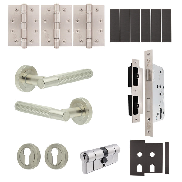 Aurora Satin Nickel Lever on Rose Door Handle Kit - Heavy Duty FD30/60 - DIN Euro Sashlock and Double Cylinder - Keyed to Differ - tradefit - Featured Image