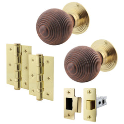 Beehive Rosewood/Brass Mortice/Rim Door Knob Kit - 76mm Latch - tradefit
