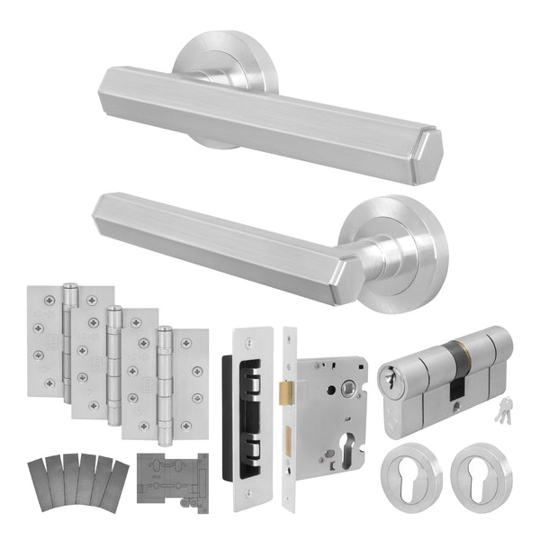 Moreno Satin Nickel Lever on Rose Door Handle Kit - Medium Duty FD30/60 - 80mm Euro Sashlock and Double Cylinder - Keyed to Differ - tradefit - Featured Image