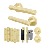 Moreno Satin Brass Lever on Rose Door Handle Kit - 64mm Bathroom Lock - tradefit - 1