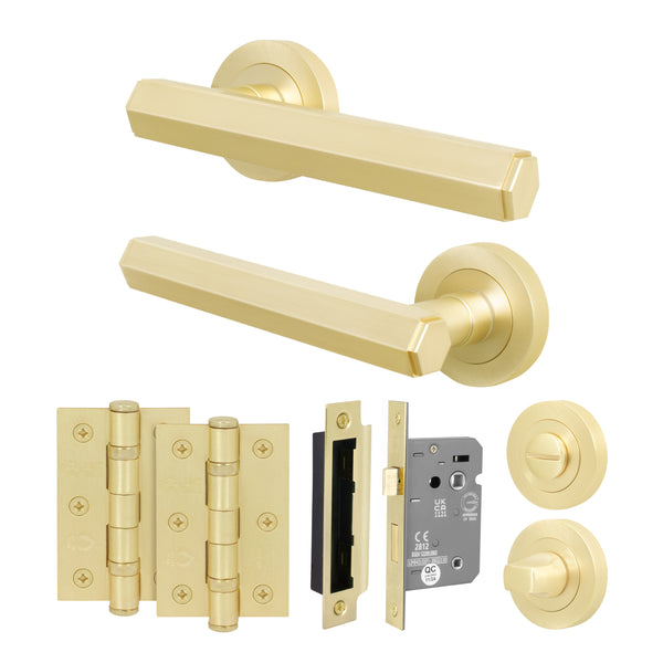 Moreno Satin Brass Lever on Rose Door Handle Kit - 64mm Bathroom Lock - tradefit - Featured Image