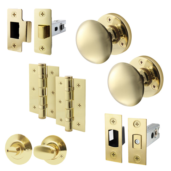 Victorian Polished Brass Mortice Door Knob Kit - 76mm Bathroom Deadbolt & 76mm Hinges - tradefit - Featured Image